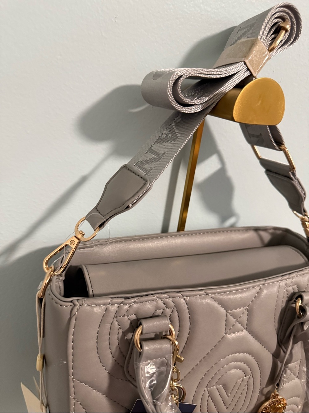 Valentino Orlandi light grey Quilted Satchel with FREE Red Pom Cherry Charm! NWT - Picture 9 of 11